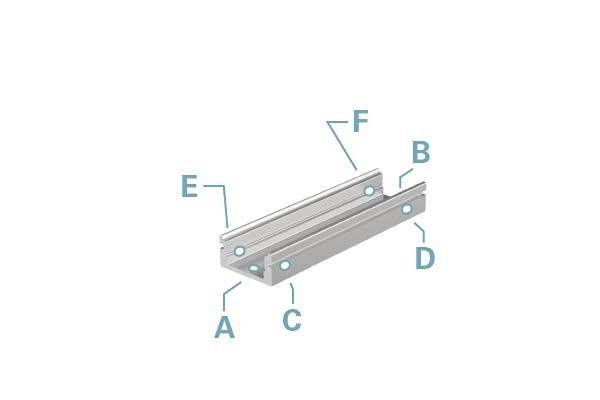 Aluminiumprofil mit sechs markierten Punkten: A, B, C, D, E, F. Profilschienen mit Nut- und Schrauböffnungen. Technisches Bauteil.