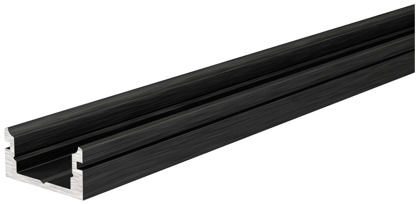 Schwarzes Aluminiumprofil in L-Form, verwendet für Montage- und Befestigungszwecke, auf weißem Hintergrund.