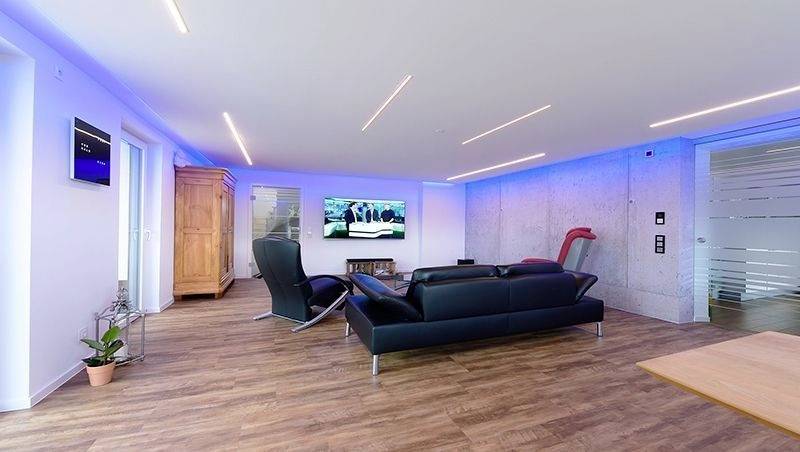 Modernes Wohnzimmer mit Holzboden, schwarzem Sofa und Fernseher an der Wand. Dezente Beleuchtung und Pflanzen sorgen für Gemütlichkeit.