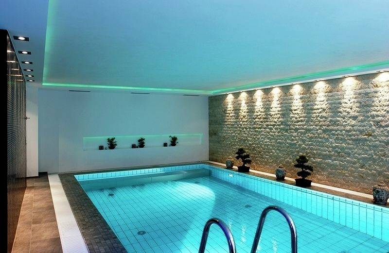 Ein Hallenbad mit hellblauer Beleuchtung, Pflanzen an der Seite, und einer Leiter, die ins Wasser führt. Die Umgebung wirkt modern und elegant.