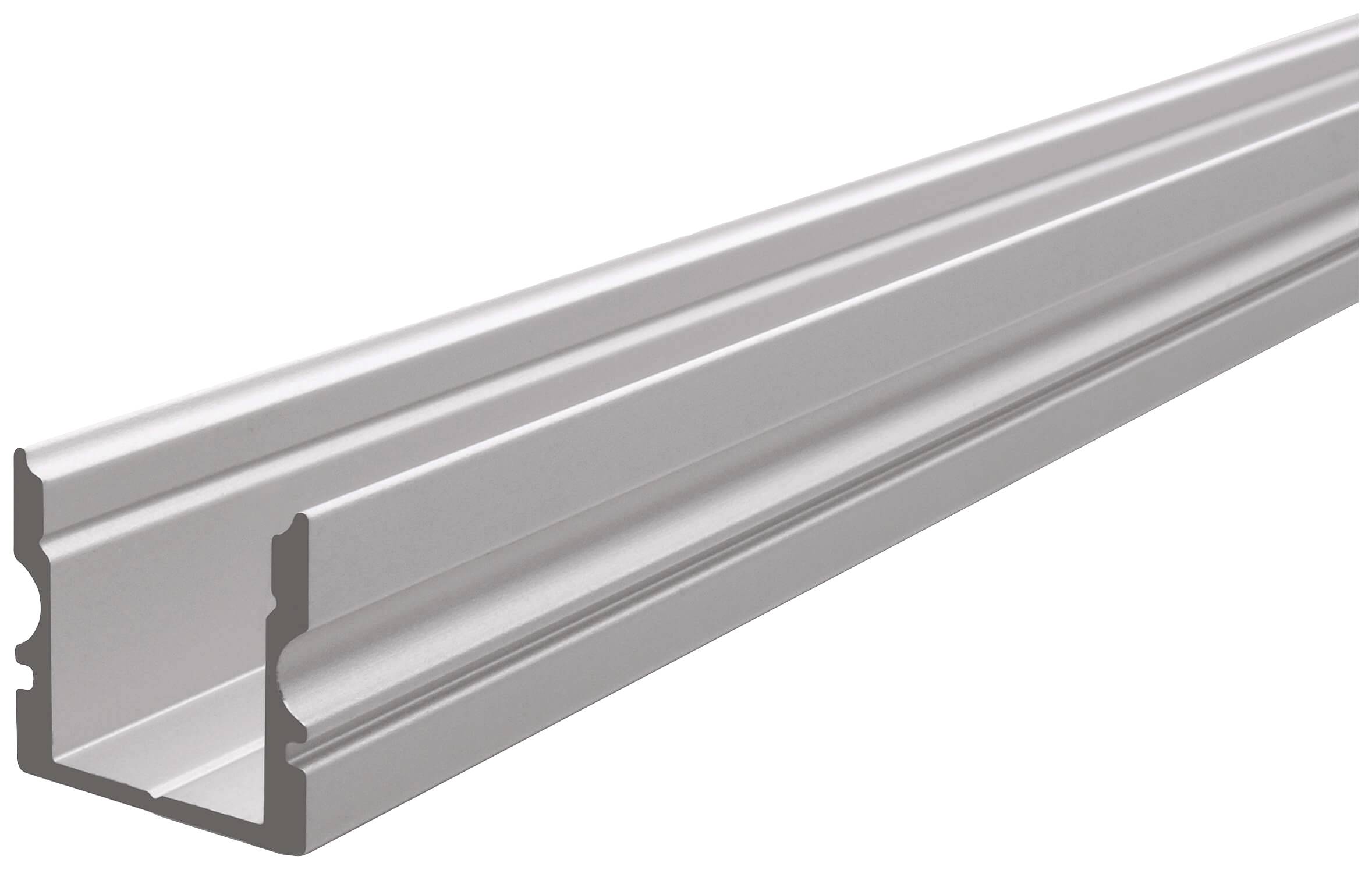 Ein silberner Aluminiumprofil mit U-förmigem Querschnitt, geeignet für den Einsatz in Konstruktionen oder als Schiene.