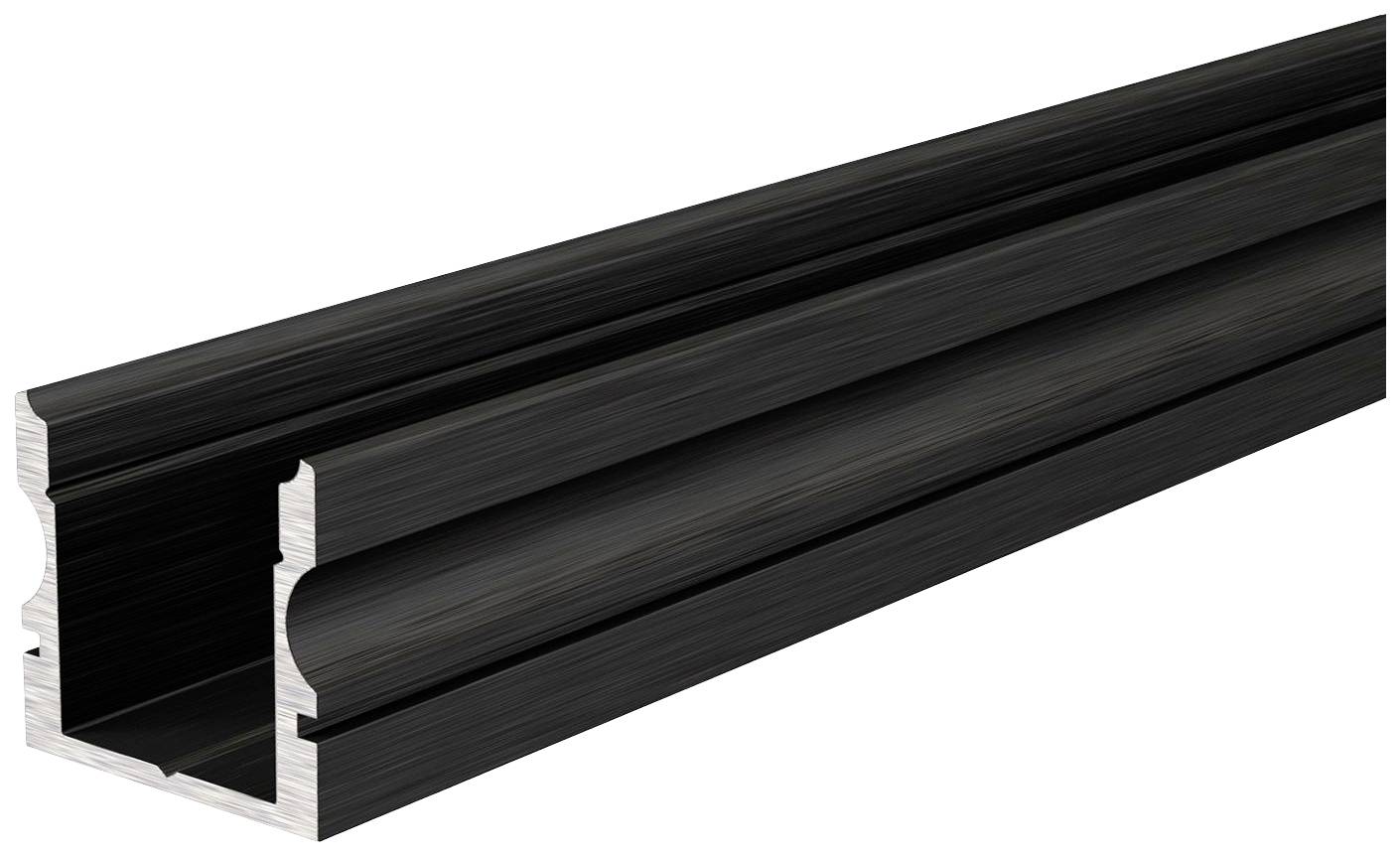 Ein schwarzes, rechteckiges Aluminiumprofil mit U-förmigem Querschnitt, das für Bau- oder Montagezwecke verwendet wird.