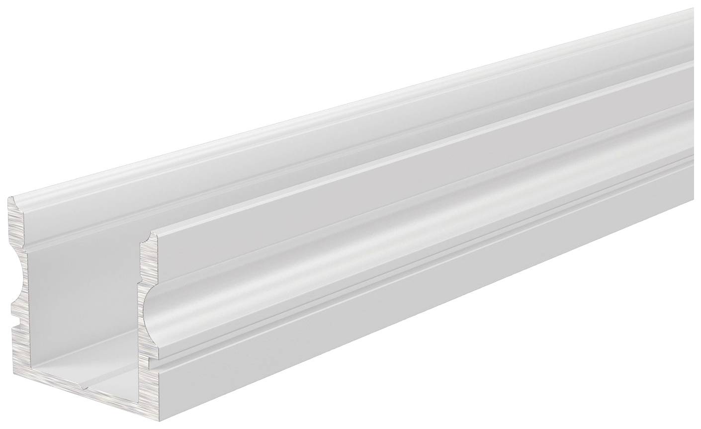 Metallisches Aluminiumprofil in U-Form, seitliche Ansicht. Verwendet für Befestigungen oder als Strukturkomponente in Bauprojekten.