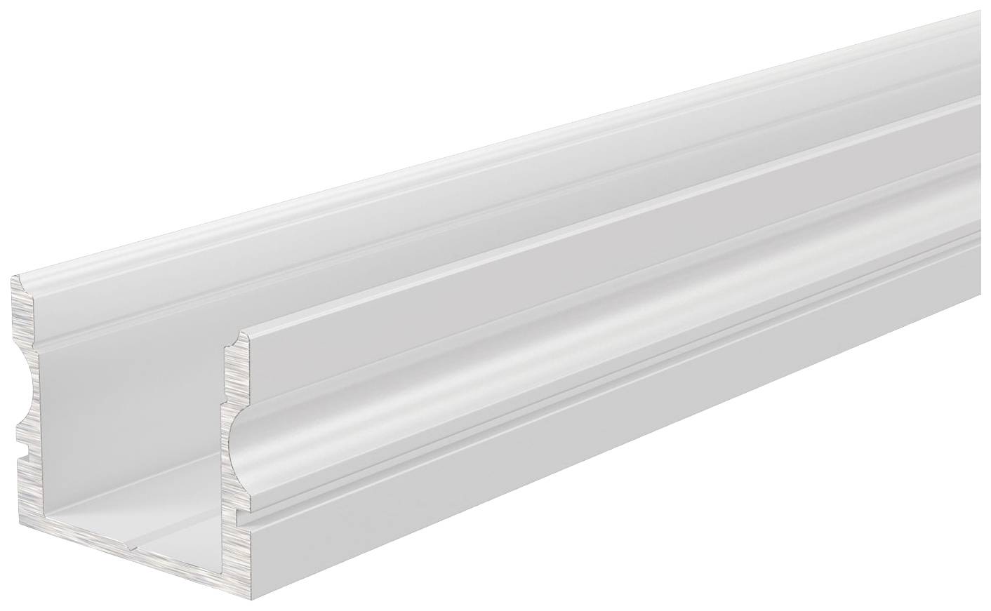 Ein langes, silbernes Aluminiumprofil mit einer U-förmigen Nut, geeignet für LED-Streifen, wird von der Seite gezeigt.
