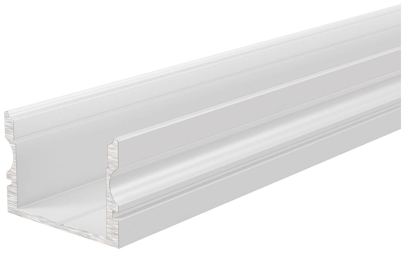 Aluminiumprofil mit U-Form, verwendet für LED-Streifen, in silberner Farbe. Geeignet für Beleuchtungsinstallationen.