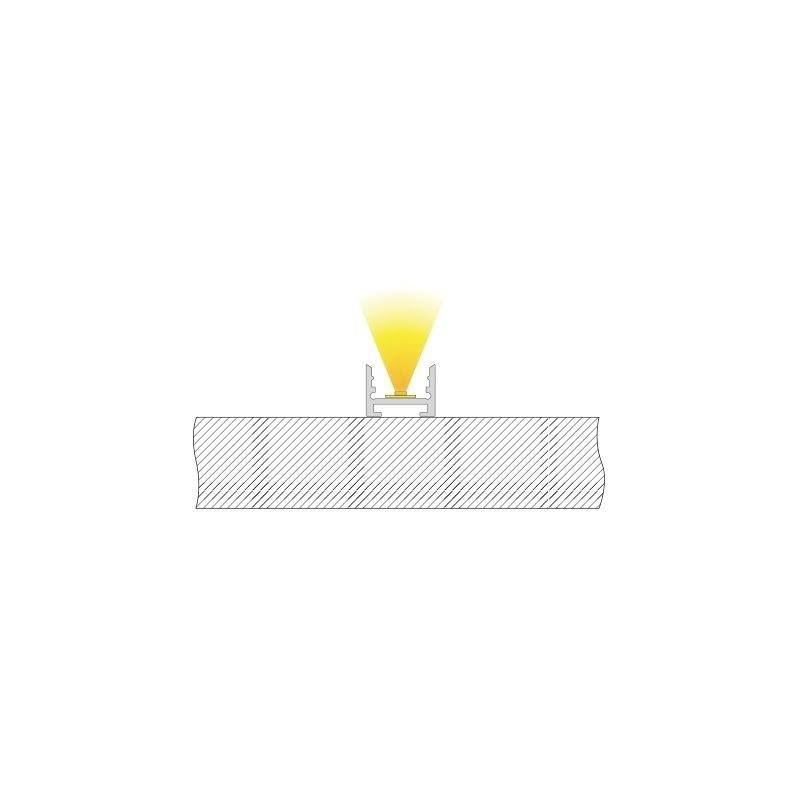 Einbauleuchte im Querschnitt, die von oben in einer Deckenplatte installiert ist. Ein gelber Lichtstrahl strahlt nach oben.