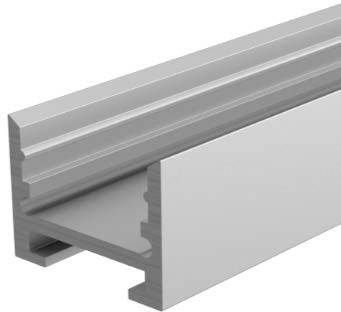 Aluminiumprofil in Seitenansicht, zeigt eine U-Form mit mehreren Schienen und Rillen, häufig für Konstruktionen und Montagen verwendet.