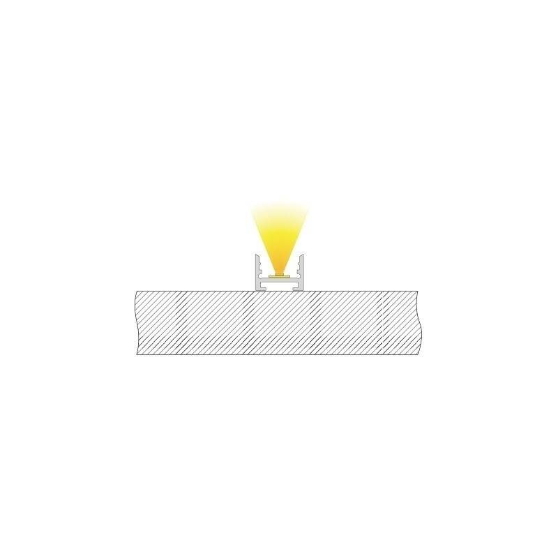 Querschnittsdiagramm einer LED-Leuchte eingebaut in eine Decke, strahlt gelbes Licht nach unten.