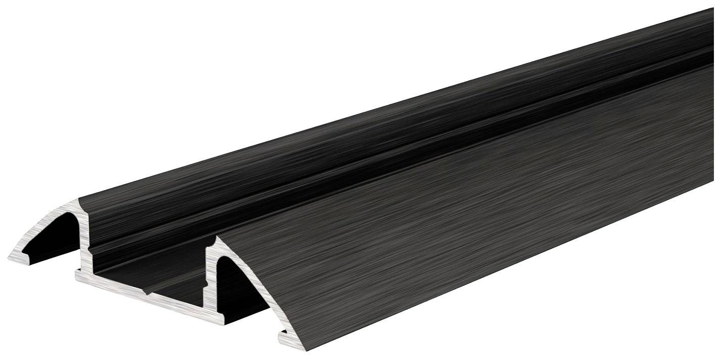 Schwarzes Aluminiumprofil in U-Form mit abgerundeten Kanten, seitliche Nut zur Befestigung von Bauteilen, technische Darstellung.