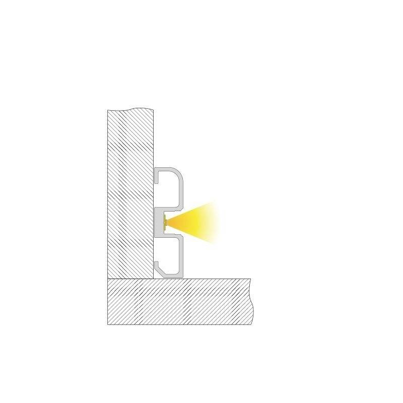 Ein Querschnitt einer Wandinstallation zeigt ein montiertes LED-Lichtprofil, das nach rechts ein warmes, gelbes Licht abstrahlt.