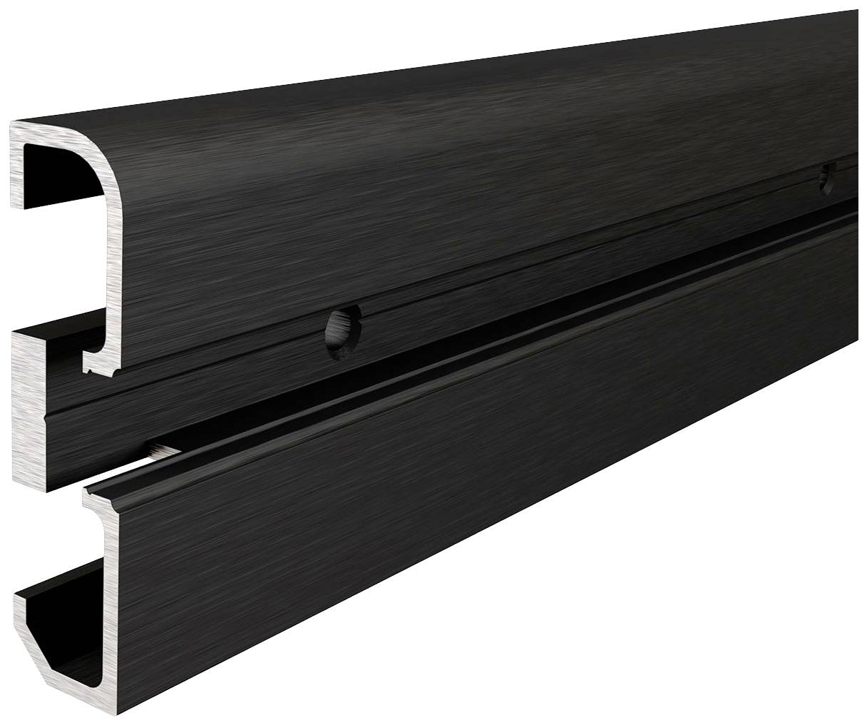 Ein langes, schwarzes Aluminiumprofil mit zwei Schienen und Schraubenlöchern zur Befestigung, geeignet für Bau- oder Montagezwecke.