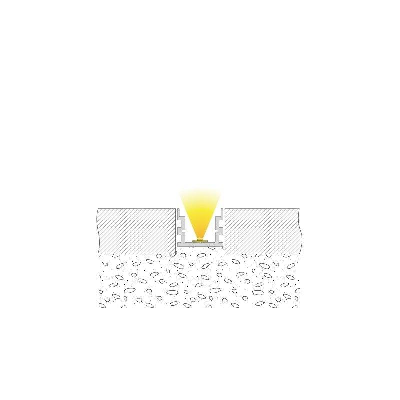 Schematische Zeichnung eines Betonfugenprofils, dargestellt als Querschnitt mit einer gelben Lichtquelle zwischen zwei Betonblöcken.