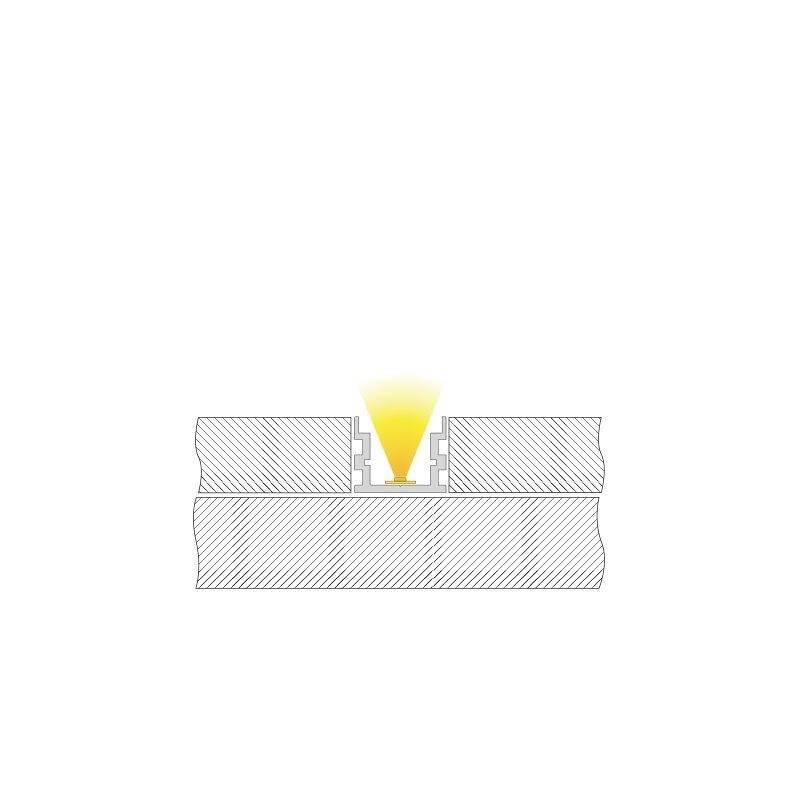 Querschnittszeichnung eines LED-Profils mit Lichtelement, das Licht nach oben abstrahlt, eingebettet in eine Deckenstruktur.