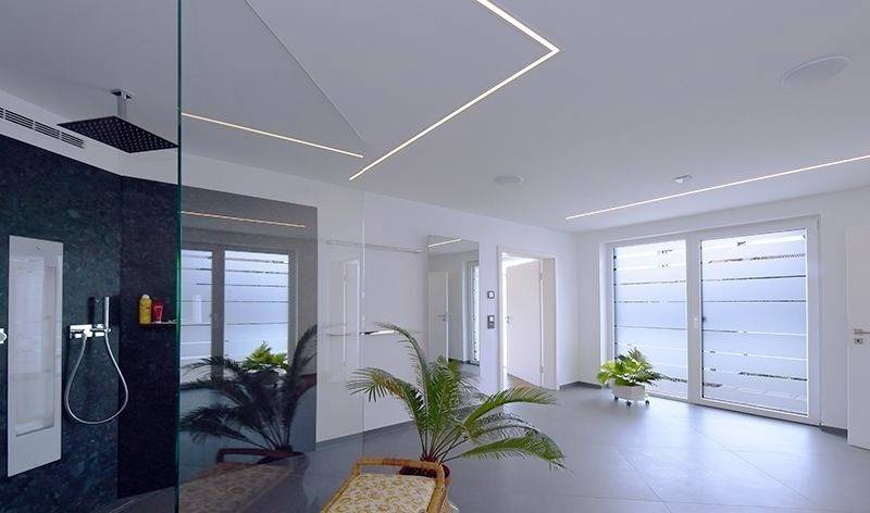 Geräumiges, modernes Badezimmer mit dunkler Glasdusche, hellem Boden, minimalistischem Design und großen Fenstern mit Pflanzen.