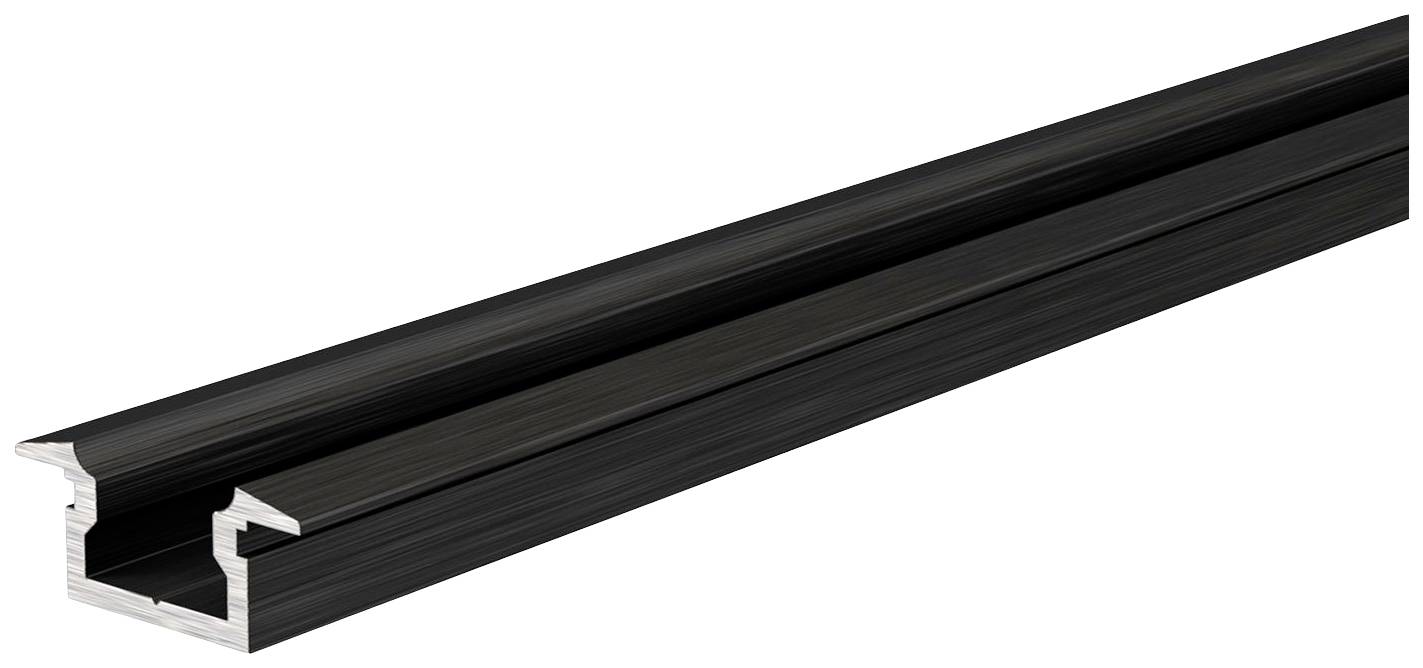 Ein schwarzes, längliches Aluminiumprofil mit einer Nut an der Seite, geeignet für den Einsatz im Möbelbau oder bei Konstruktionen.