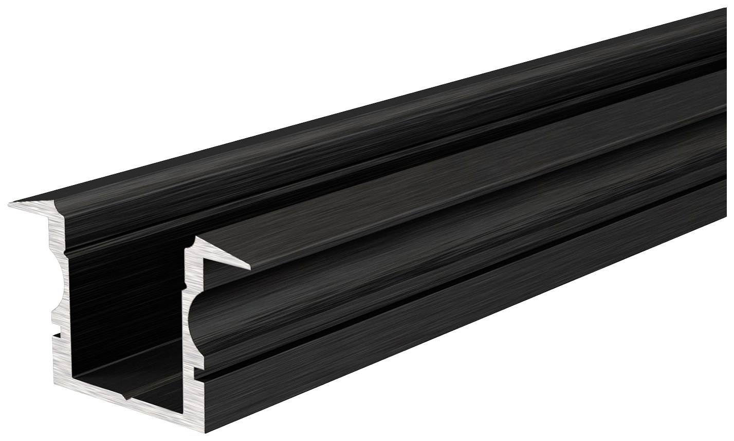 Schwarzes Aluminiumprofil mit U-förmigem Querschnitt, das zur Konstruktion oder Befestigung verwendet wird.