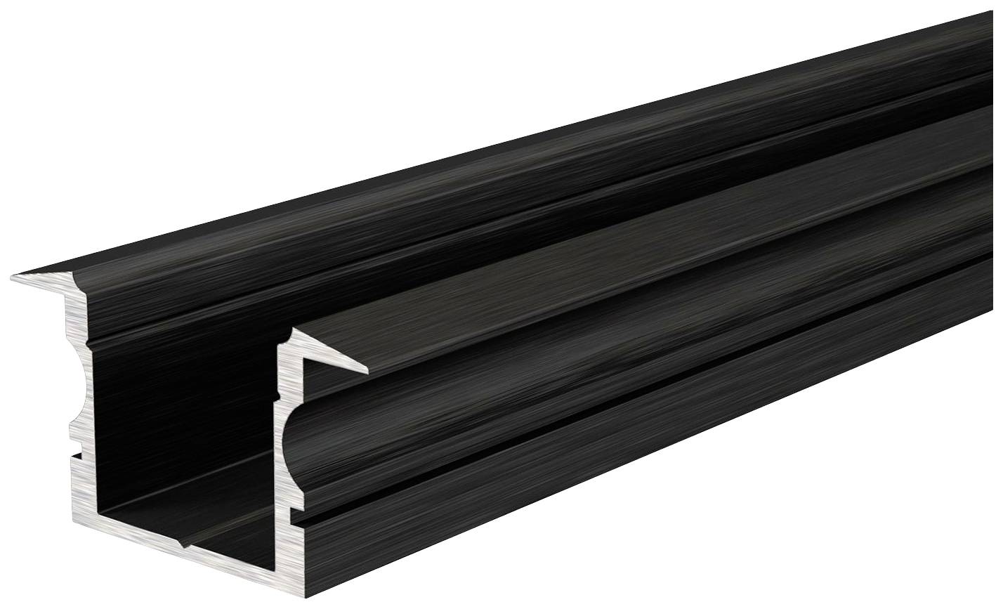 Schwarzes Aluminiumprofil in L-Form mit Nut, verwendet in der Konstruktion für Befestigungen und Rahmen.