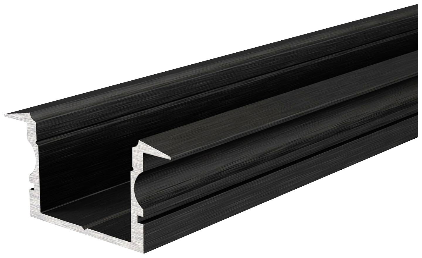 Schwarzes Aluminiumprofil in L-Form, zeigt Innenführung für Befestigungen; häufig in Bau und Möbelmontage verwendet.