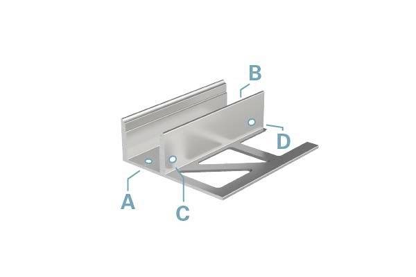 Metallwinkelverbinder mit Abmessungen A, B, C und D, die verschiedene Teile der Halterung anzeigen.