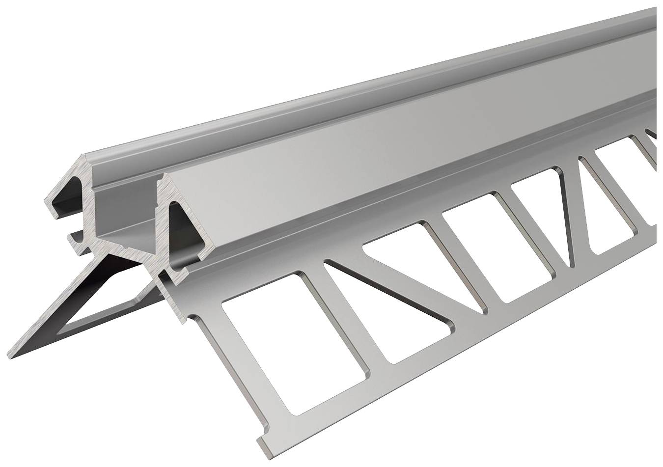 Metallwinkelprofil mit Dreiecksträgern, zur Stabilisierung von Konstruktionen verwendet. Silberfarben mit offenem Gitterdesign.