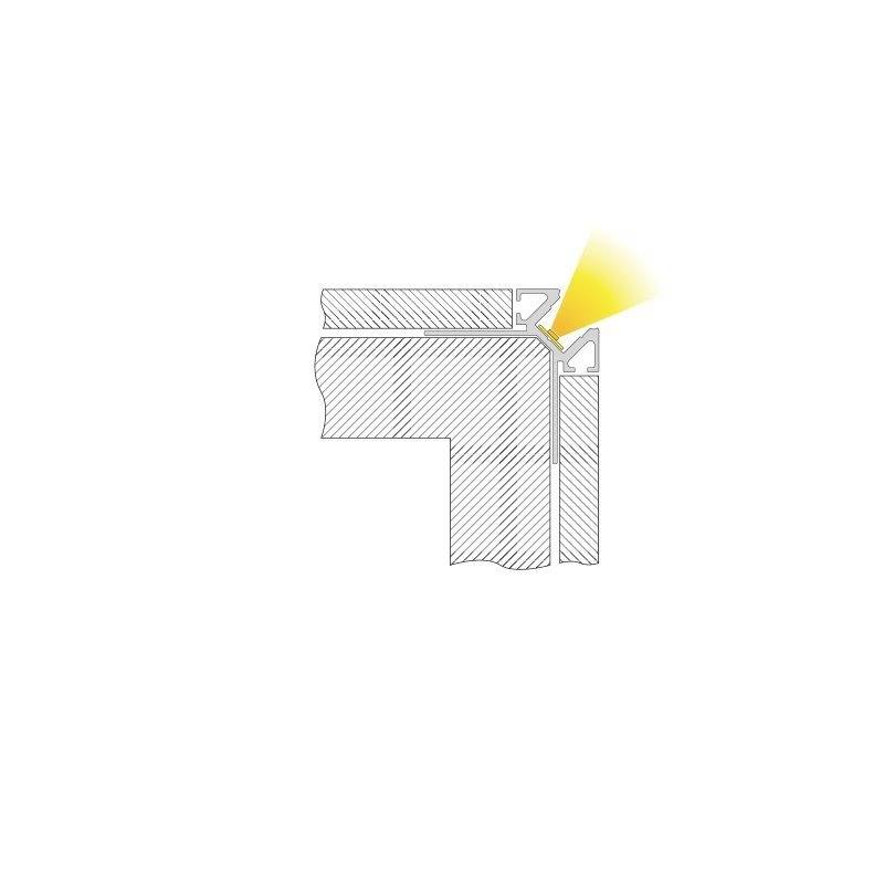 Querschnitt eines Fensterrahmens mit gelber Markierung an der Fuge zur Verdeutlichung der Abdichtung.