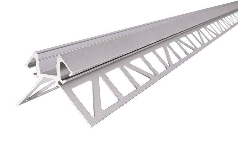 Ein silbernes Aluminiumprofil, das häufig für LED-Band-Installationen verwendet wird. Es zeigt integrierte Kühlrippen und Diffusorhalterungen.