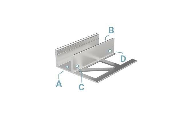Metallwinkel mit Beschriftungen A, B, C, D. A zeigt auf die untere horizontale Fläche, B auf die obere vertikale, C auf die innere Ecke, D auf die Verstärkungsstrebe.