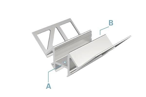 Ein 3D-Diagramm zeigt zwei Aluminiumprofile, die über Schrauben verbunden sind. Punkt 'A' markiert die Unterseite, Punkt 'B' markiert die Oberseite.