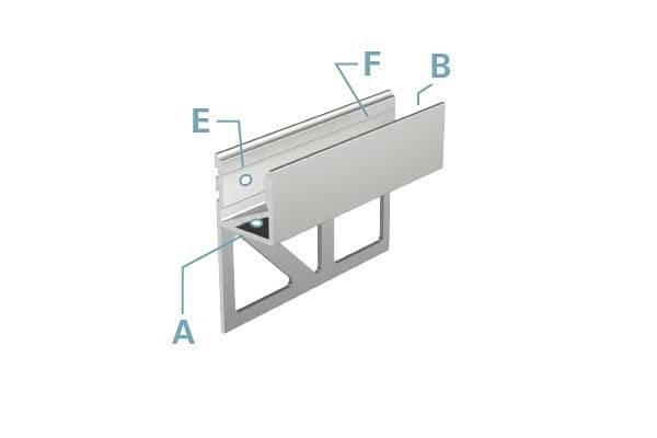 3D-Darstellung eines architektonischen Elements mit beschrifteten Teilen: A, B, E, F.
