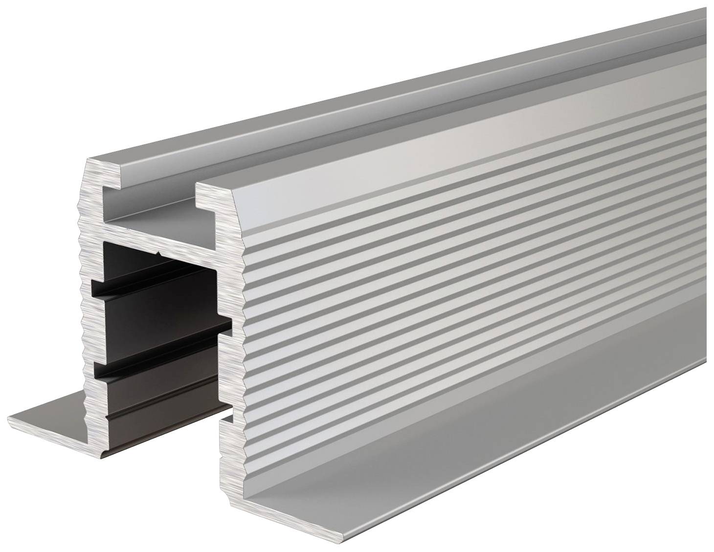 Aluminiumprofil mit U-förmigem Querschnitt und gerippter Oberfläche, geeignet für strukturelle Verstärkungen oder Montageanwendungen.