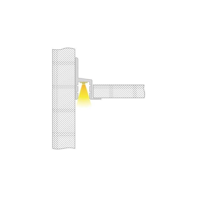 Diagramm einer Deckenhalterung mit seitlicher Wandbefestigung, zeigt den Installationsmechanismus und die Position einer gelben Lichtquelle.