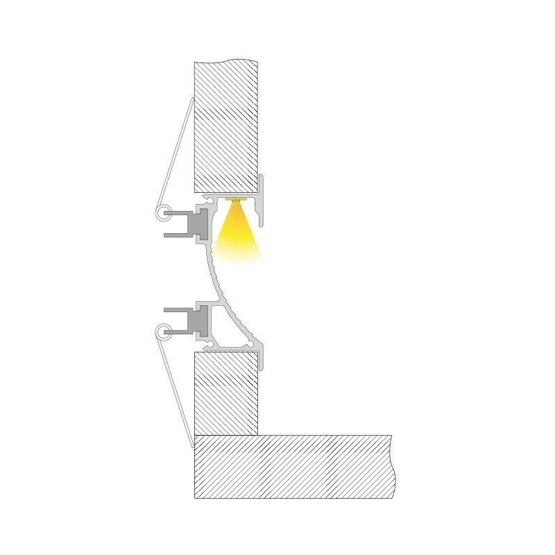 Schnittzeichnung eines Wandelements mit Lichteinfall. Ein runder Ausschnitt mit gelbem Licht, das durch ein zylindrisches Element strahlt.