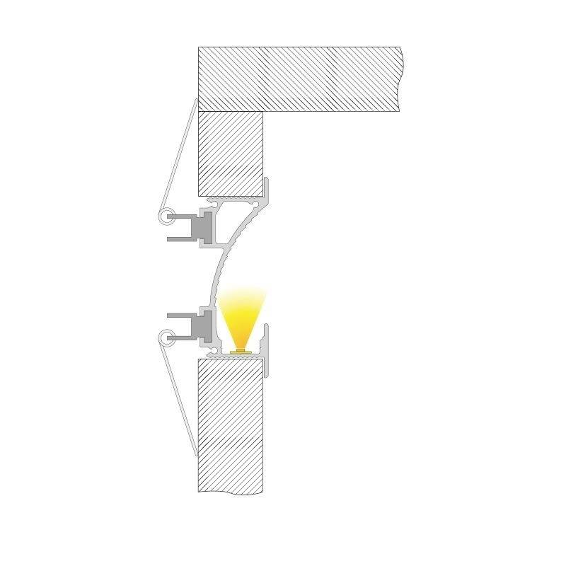 Querschnitt einer Gebäudewand mit einer Lichtquelle, die durch einen schmalen Spalt strahlt. Technische Zeichnung des Wandaufbaus.