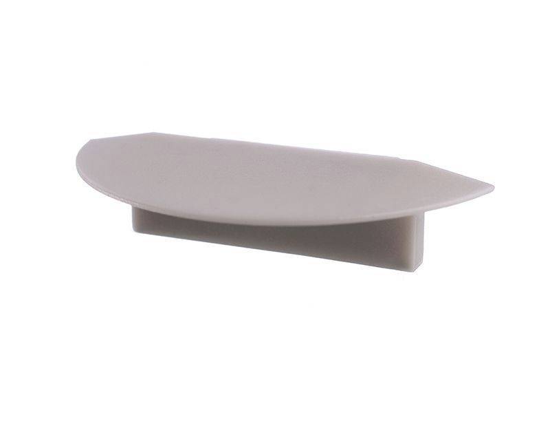 Grauer, ovaler Möbelgriff aus Kunststoff.