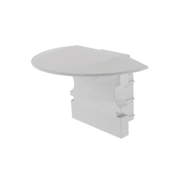 Ein weißer, abgerundeter Tischaufsatz aus Kunststoff, rechteckiger Fuß, schlichtes Design.