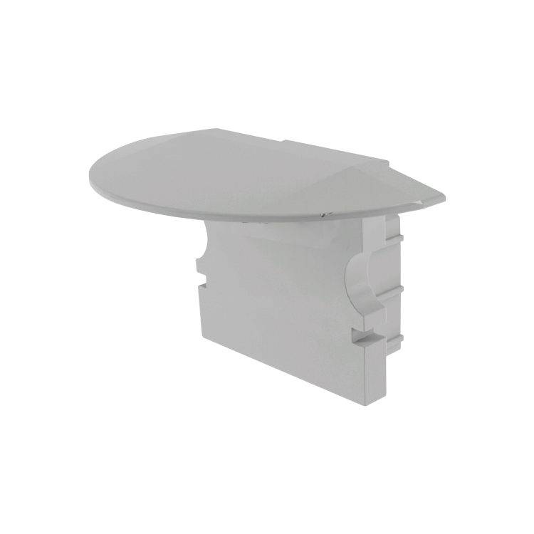 Ein weißer Adapter für Schiene oder Halterung, mit einer runden, flachen Oberseite und einem rechteckigen Sockel mit Kerben.