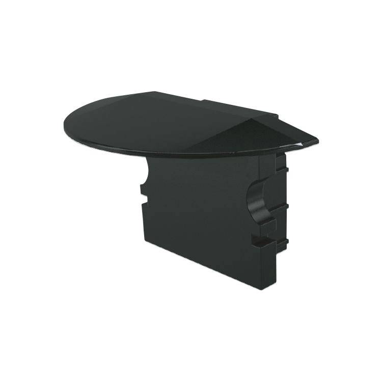 Ein schwarzes, halbrundes Regal zur Aufbewahrung, montiert an einer Wandhalterung. Geeignet für elektronische Geräte oder Dekoration.