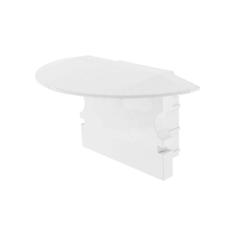 Ein weißer, ovaler Tisch mit zwei stabilen, rechteckigen Beinen. Der Tisch hat eine glänzende Oberfläche und ist minimalistisch gestaltet.