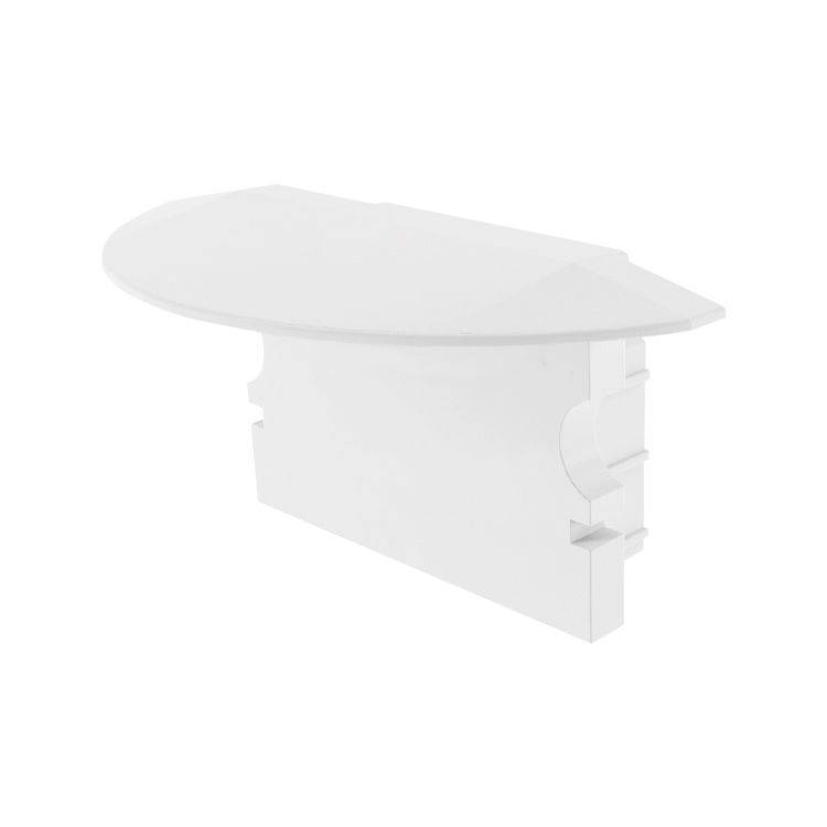 Ein weißes Kunststoffbauteil mit einer flachen, halbrunden Oberseite und einer rechteckigen Basis, möglicherweise als Abdeckung verwendet.