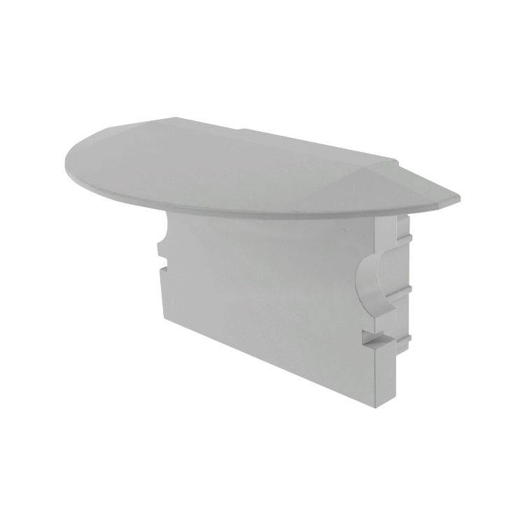 Ein weißes, rechteckiges Kunststoffteil mit einer halbrunden oberen Kante, möglicherweise eine Abdeckung oder ein Endstück.