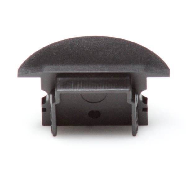 Schwarzer, halbrunder Kunststoffverschluss für Kabelkanäle, von vorne gesehen. Ideal zur Abdeckung von offenen Enden.