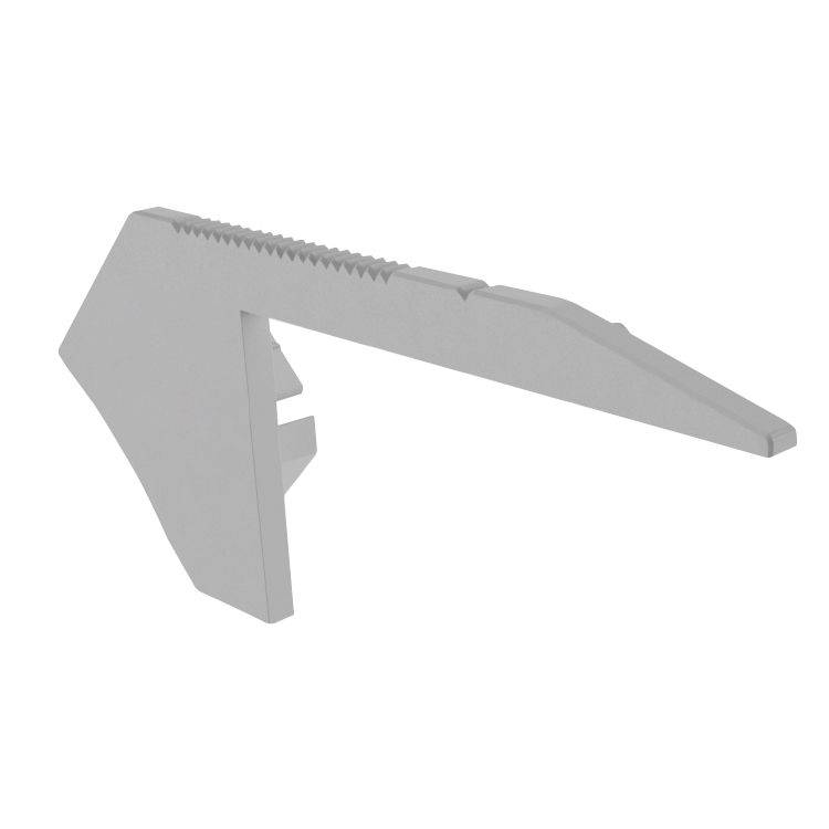 Ein grauer Kunststoffclip, seitlich gezeigt, mit gezackt geformtem Ende. Verwendet zur Sicherung von Kabeln oder ähnlichen Gegenständen.