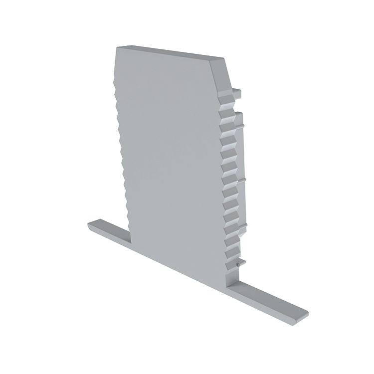 Ein graues, rechteckiges Bauelement mit Zacken auf einer Seite und einem flachen Fußstreifen, möglicherweise ein technisches Bauteil.