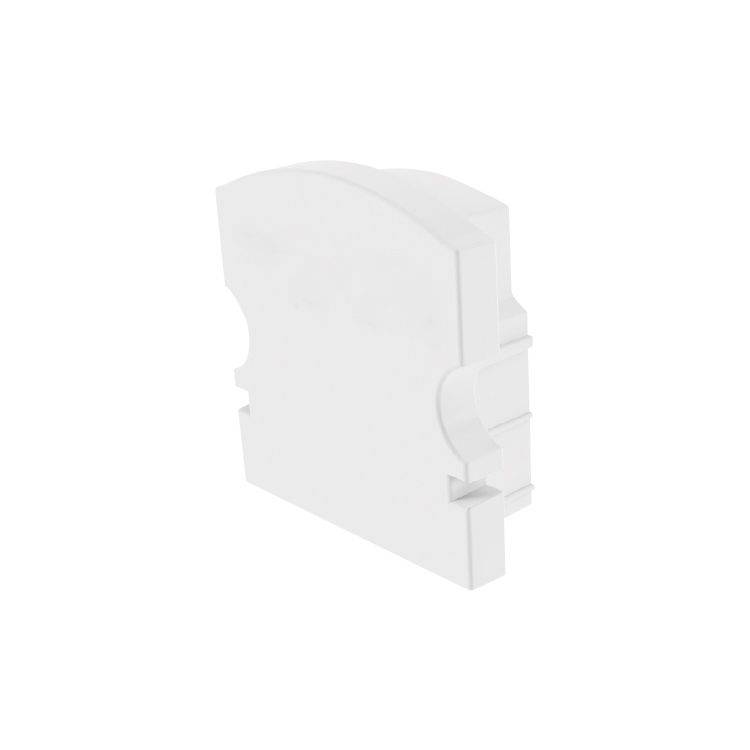 Ein weißes, rechteckiges Kunststoffgehäuse mit einer abgerundeten Kante. Es scheint ein Teil eines größeren Systems oder einer Halterung zu sein.