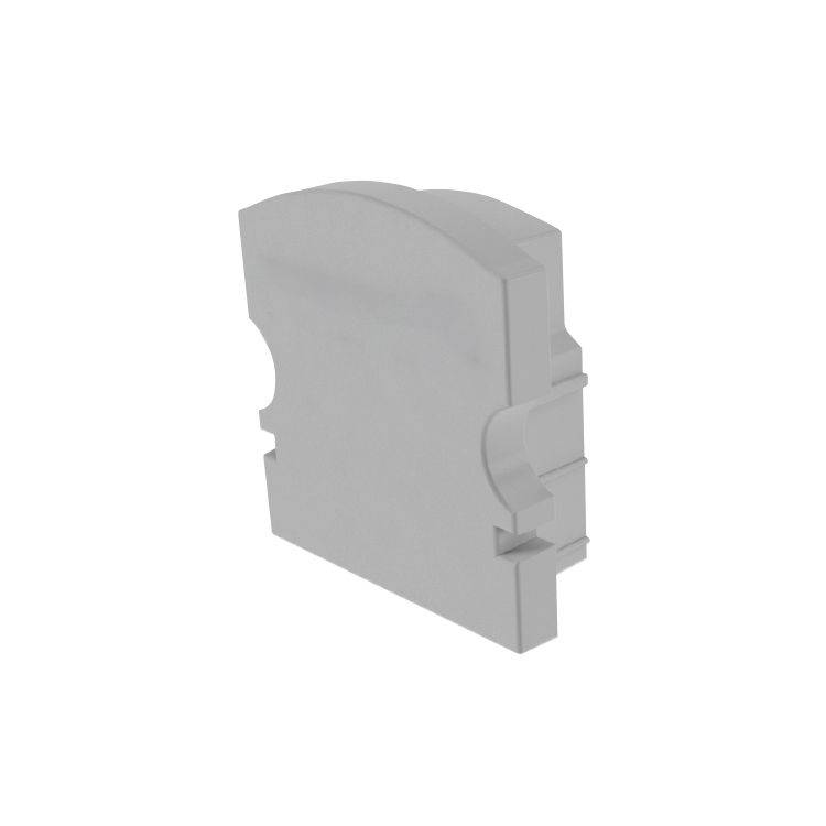 Grau-weißer Endabschluss für Hutschienen-Reihenklemme, dient zur Sicherung und Schutz von elektrischen Verbindungen in Schaltschränken.