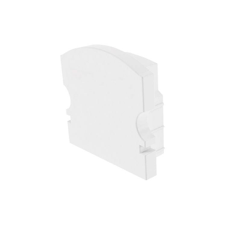 Weiße Endkappe aus Kunststoff mit abgerundeter Fläche und seitlichen Befestigungsclips, passend für elektrische Schienensysteme.