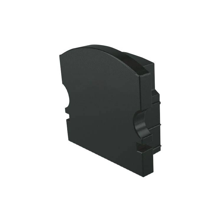 Das Bild zeigt eine schwarze elektrische Endabdeckung für eine Hutschienenmontage, die in der Elektrotechnik zum Schutz dient.
