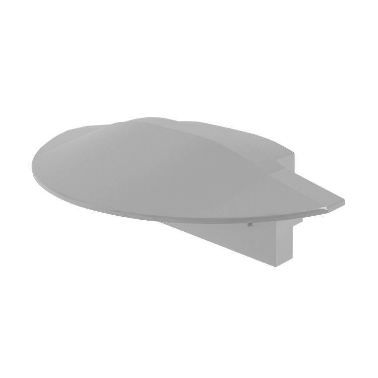 Graues, flaches UFO-ähnliches Objekt mit einem rechteckigen Sockel, das in einem leeren, grauen Raum schwebt.