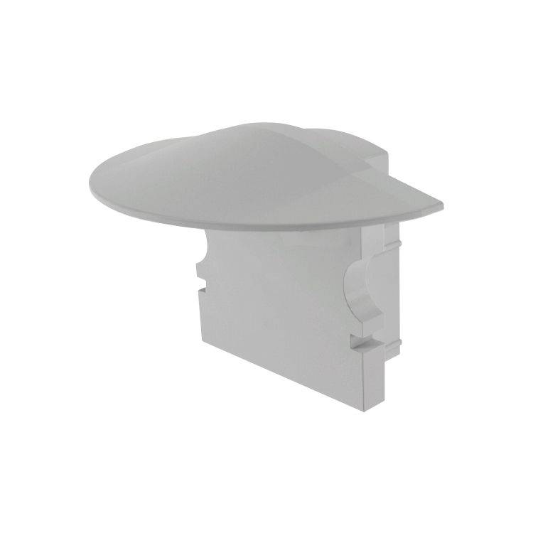 Eine weiße Kunststoff-Endkappe für ein Profil, seitlich betrachtet, zeigt ihre glatte Oberfläche und gebogene Form.