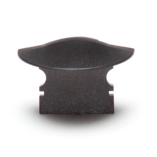 Kunststoffclip in der Form eines Miniatur-Hutes, dunkelgrau gefärbt, verwendet für Möbelmontage oder ähnliche Anwendungen.